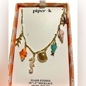 Piper K Ocean  Gold Charm Necklace- Glass Stone seahorse , seashell necklace